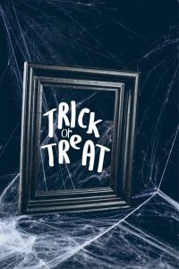 trick or treat scary picture frame with the word in it